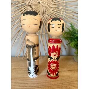 Vintage Japanese Kokeshi Dolls – Naruko Style Folk Art Figurines (Set of 2)